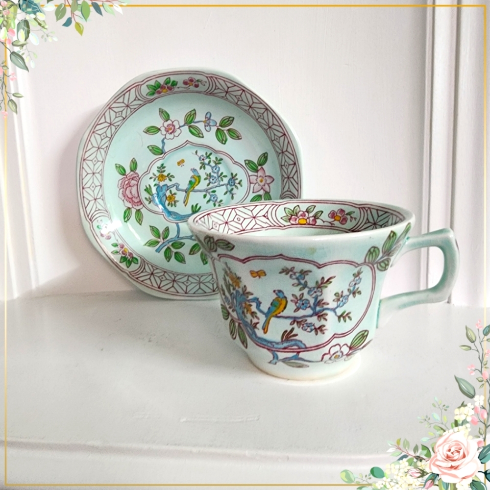 Calyx Ware Adams “Singapore Bird” Cup and Saucer, rare antique cup and s…